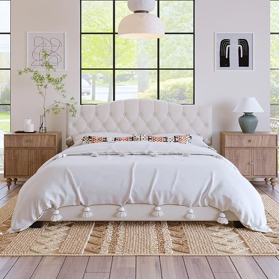 Linen King Size Bed with Saddle Curved Headboard,Modern Upholstered Platform Bed Frame Queen,Diamond Tufted Details,Luxury Detail,Cozy Upholstery,No Box Spring Needed(Beige)