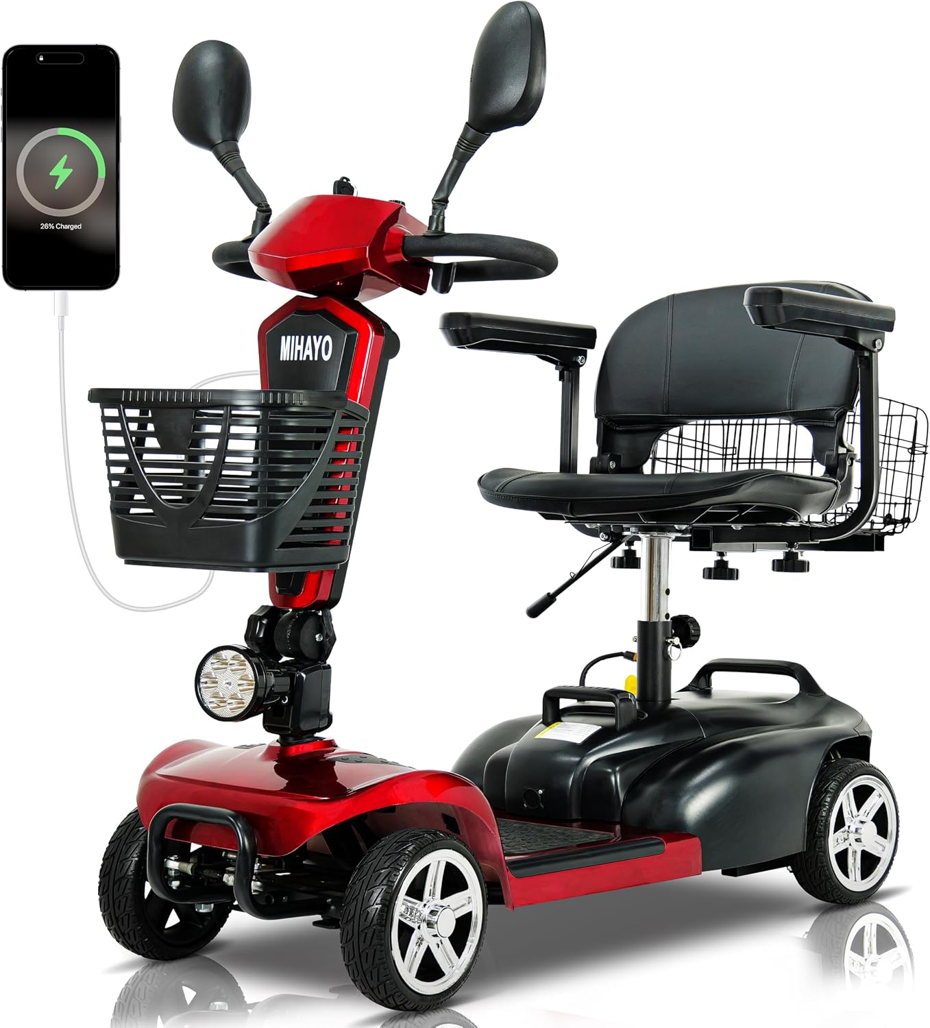 MIHAYO 60 Miles Range 4 Wheel Mobility Scooter for Seniors&Adults- Foldable Electric Powered Wheelchair w 1440wh Battery&Basket, Heavy Duty Mobile for Travel, 300lb Capacity Claret, 60 Mile