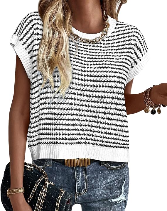 PRETTYGARDEN Women's Striped Short Sleeve Sweater Vest | Summer Lightweight Sweaters,Round Neck Cap Sleeve Pullover,Spring Work Knit Top,Ladies Business Casual,Trendy Teacher Outfits