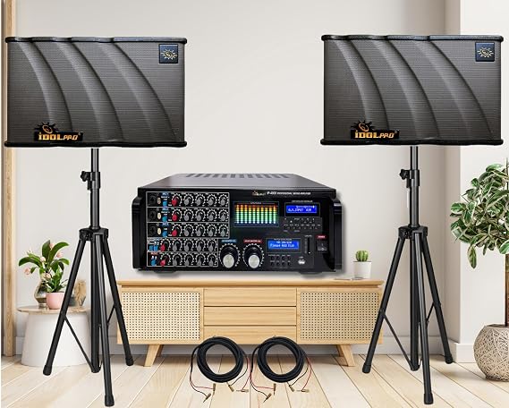 3000W Home Karaoke System with New Bluetooth Mixing Amplifier and Dual 10" 3 Way 1000W Speakers and Heavy Duty Stands