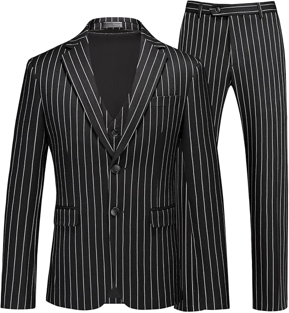 Men's Pinstripe 3 Piece Suits Elegant Single Breasted Business Party Prom Wedding Dinner Suits Blazer Pant Vest Sets Black