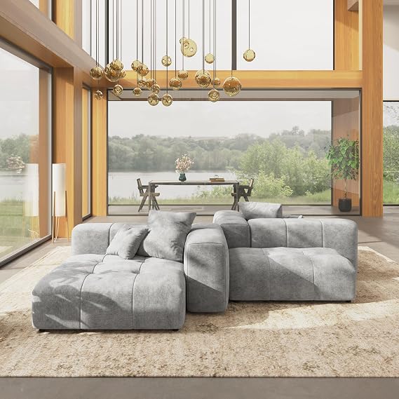 WJShome 104 Inch Loveseat Modular Sofa Cloud Couch with 2 Ottoman,Linen Deep Seat Sectional Couches for Living Room, Bedroom and Apartment,Gray