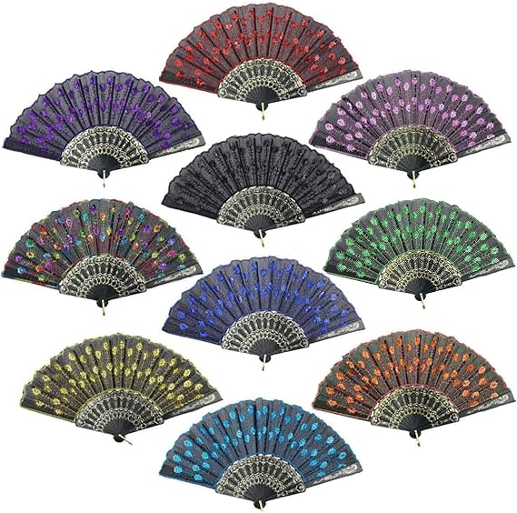 InnoLife Elegant Colorful Embroidered Flower Peacock Pattern Sequin Fabric Folding Handheld Hand Fan Hand-Crafted (Full Set - 10pcs Mixed Colors)