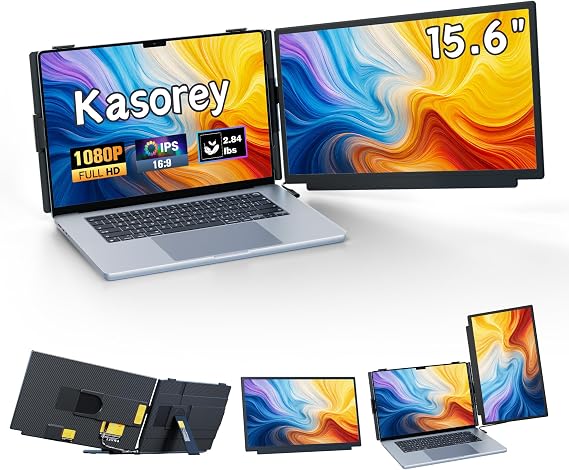 kasorey Laptop Screen Extender, 15.6" FHD 1080P Detachable Laptop Monitor Extender for 13-17.3" Laptop, Plug-Play Portable Laptop Extended Monitor, Slim 0.27'' Travel Monitor for Wins/Mac/Android/PS5