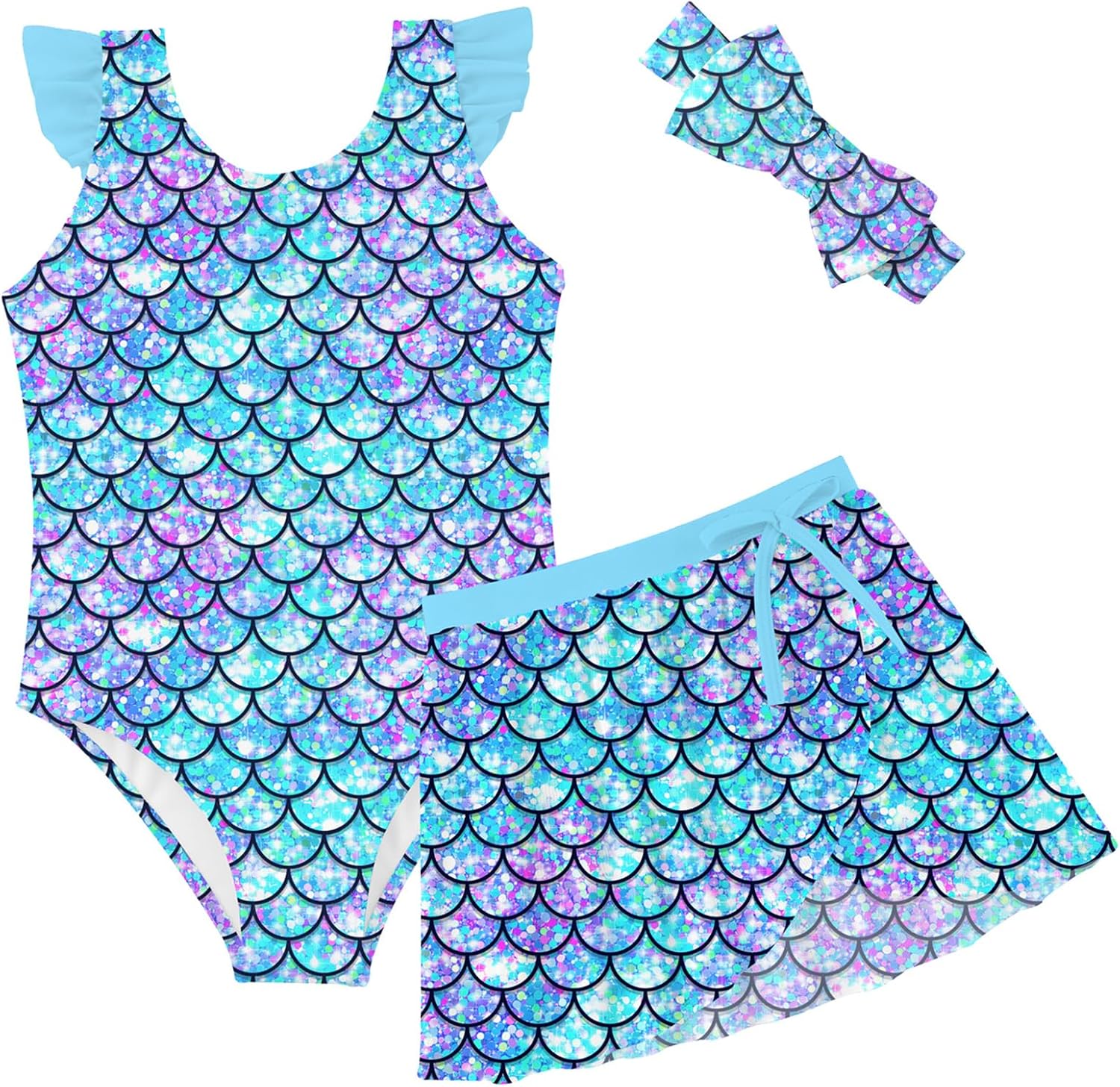 ALISISTER Girls Swimsuit Summer 3 Piece Bathing Suits Beach Swimwear with Cover Up Skirt and Headband for 3-7 Years