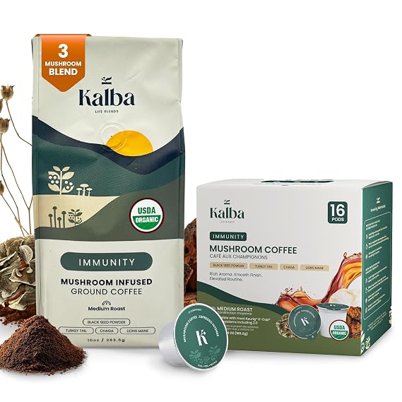 Kalba Organic Mushroom Coffee Bundle Lions Mane, Chaga & Turkey Tail Arabica Coffee | Medium Roast Grounds + Mushroom Coffee K-Cup Pods | Functional Coffee for Focus, Energy & Wellness