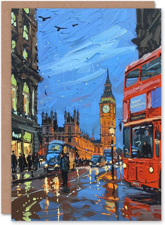 Artery8 Greeting Card Big Ben London on a Rainy Day Painting Iconic Blank For Him Or Her Art Birthday Card