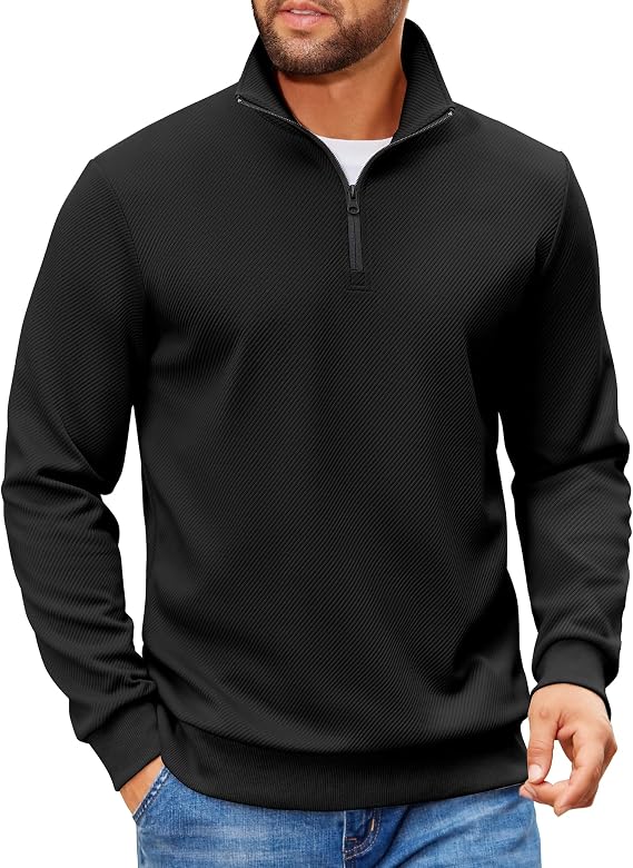 COOFANDY Mens Quarter Zip Pullover Sweatshirt Casual Mock Neck Sweater 2026 | Lightweight Long Sleeve, Fashion Clothes, Soft Quilted Fabric, Warm Without Bulk, Regular Fit, Fall Winter, Smooth Zipper