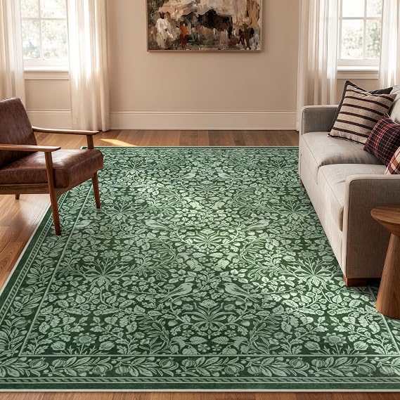 LIVEBOX Green Washable 5x7 Area Rugs for Living Room Vintage Floral, Non Slip Botanical Birds Nature Rugs for Bedroom, Large Soft Low Pile Carpet for Dining Room Decor (Green,5'x7')