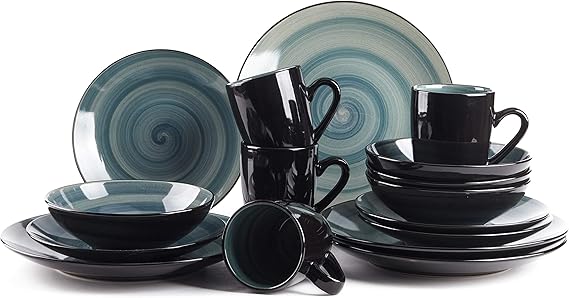 HomeVss Sonoma 16 Piece Stoneware Dinner Set, Outside Black + inside Handpainted Color Blue