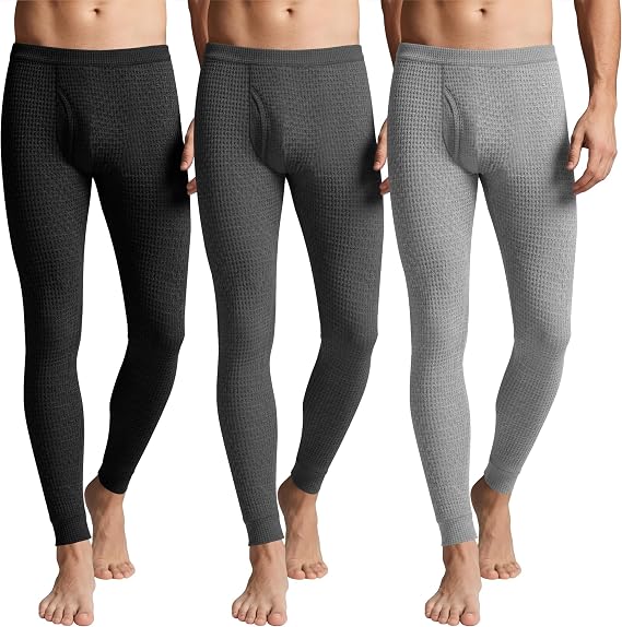 August Alley 3 Pack Men's Thermal Bottom | Waffle Underwear Pant, Heat Retention Base Layer, Soft Stretch Cotton Blend, Ribbed Cuffs, Elastic, Outdoor Work Clothes