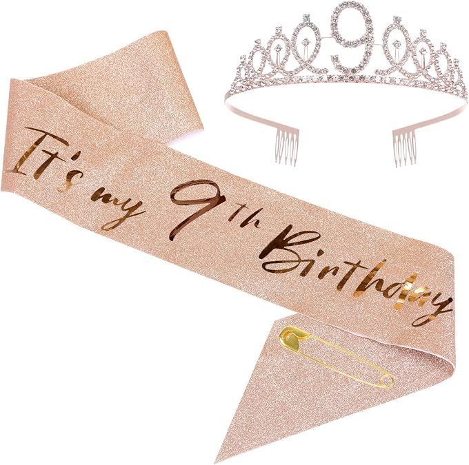 9th girls Birthday Sash and Tiara Set Rose Gold Birthday Sash Crown Birthday Party Favors Supplies for girls Party