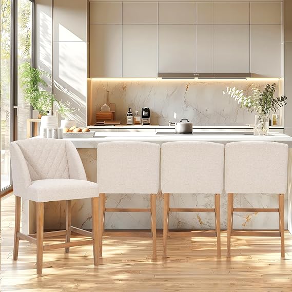 ALPHA HOME Counter Height Bar Stools Set of 4, 26 Inch Bar stools for Kitchen Island, Fabric Cushion and Wooden Legs, White