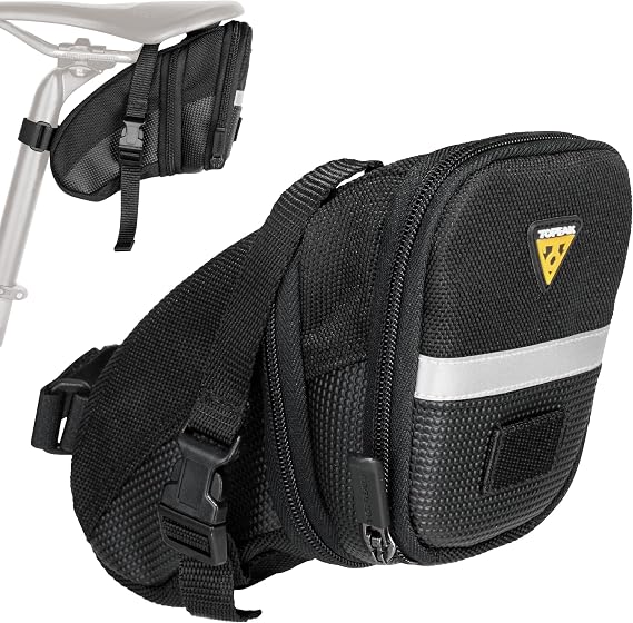 Topeak Aero Wedge Pack (Strap Mount, Medium) Aerodynamic Seat Bag for Bikes, 1200D Polyester Construction, Quick-Release Buckle Mount, Expandable Storage, 3M Reflective Strip & Safety Light Clip