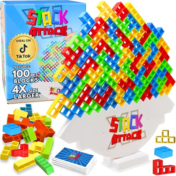 Stack Attack XL Family Tower Game, Giant Balance Game for All Ages | 100 pieces, 36 challenge cards, giant tabletop game, family game night, balance stacking fun, gift for kids and adults