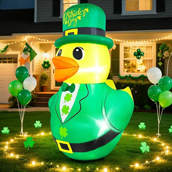 5FT St Patricks Inflatables Duck Outdoor Decorations Blow Up Decor | St. Patrick's Day Inflatable Leprechaun Duck Yard Decoration Blowups with Shamrock Hat LED Lights for Holiday Lawn Party
