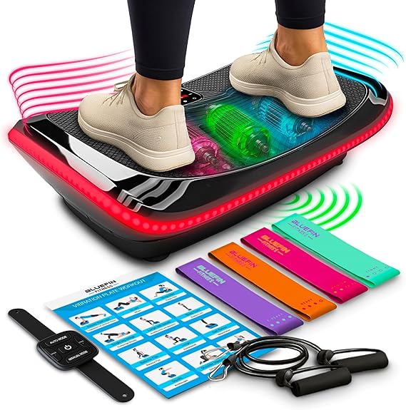 Bluefin® 4D Vibration Plate Exercise Machine for Weight Loss, Muscle Recovery & Lymphatic Drainage, 3 High-Performance Motors with Resistance Bands & Pull cords for a Full Body Workout
