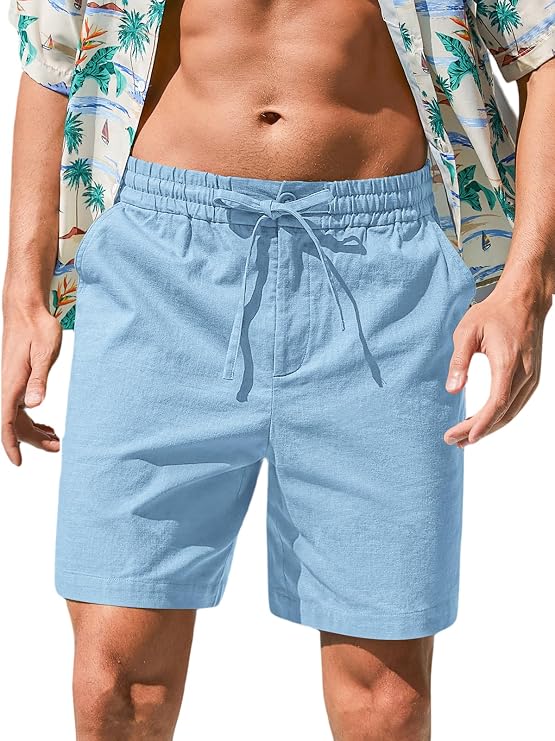 RQP Mens Cotton Linen Shorts Casual Drawstring 7inch Inseam Shorts Stretch Summer Beach Wear