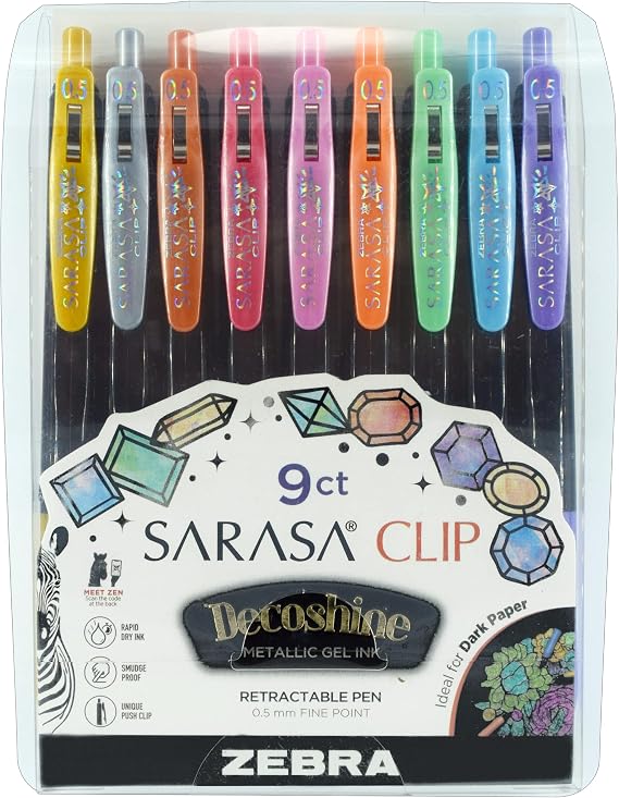 Zebra Pen Sarasa Clip Decoshine Retractable Gel Pen, 0.5mm Fine Point, Assorted Metallic Colors, Works Well on Dark Paper, Ideal for Journal, Note Taking and Planner Use, 9-Pack (49009)