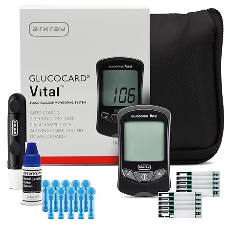 ARKRAY GLUCOCARD Vital Blood Glucose Monitor Kit Fast, Accurate & Easy-to-Use Blood Glucose Monitoring System with Meter, 10 Test Strips, 10 Lancets, Control Solution, Lancing Device & Carrying Case