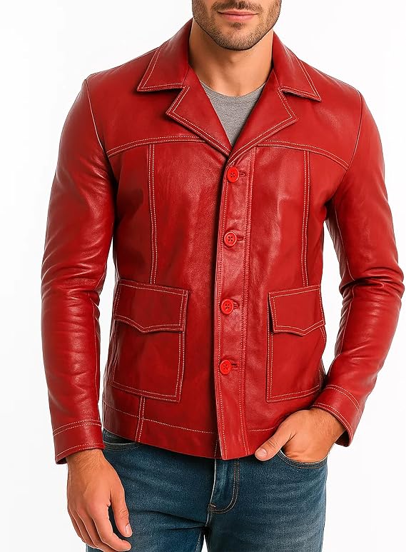 Mens Red Genuine Lambskin Leather Biker Jacket Red Real leather Vintage Motorcycle Jacket