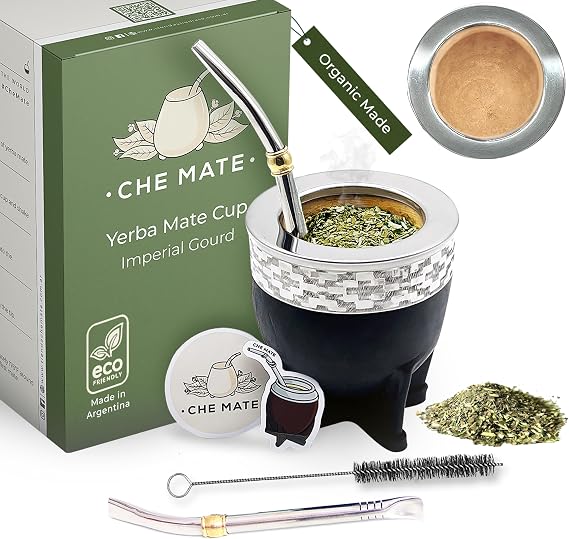 Premium Argentina-Uruguay Yerba Mate Cup and Bombilla Set, Organic Gourd Tea Mug with Steel Straw (Bombilla) and Cleaning Brush, Handcrafted for Loose Leaf Yerba Mate Tea - Imperial Version