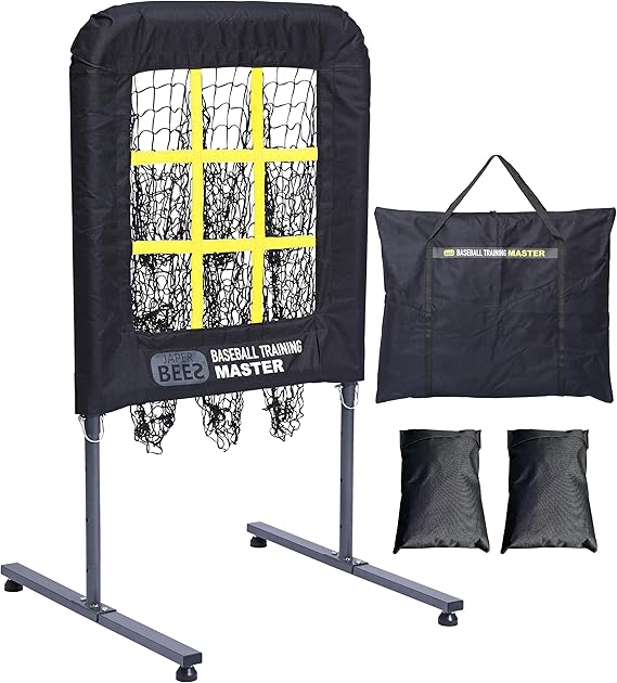 JAPER BEES Baseball Pitching Net with Strike Zone, 9 Hole Pitching Net Target, Portable Softball Pitcher Training Equipment Height Adjustable with Carrying Bag