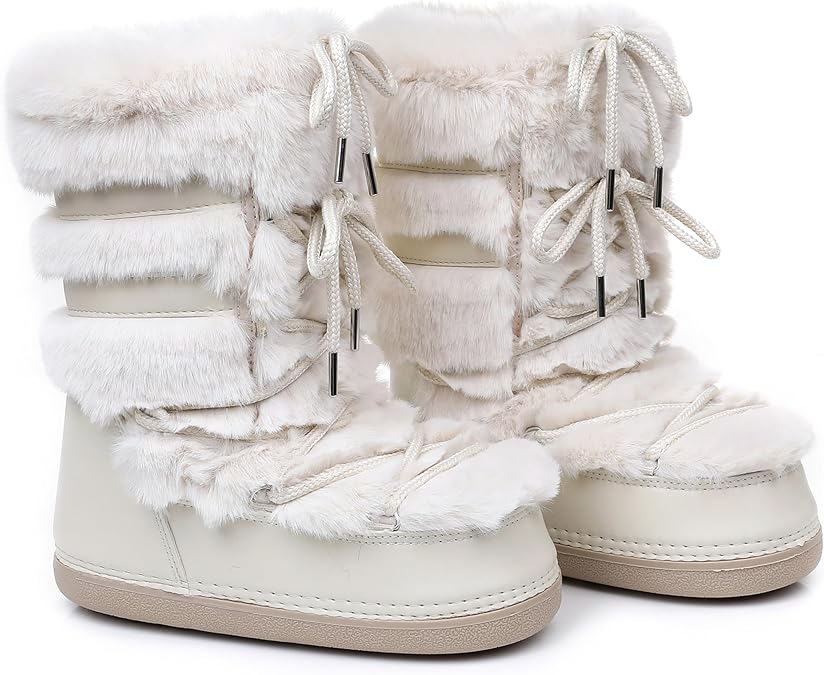 Snow Boots for Women,Winter Furry Faux Fur Boots Winter Black White Pink Fur Lined Lace-up Mid-Calf Non-Slip Fuzzy Boots