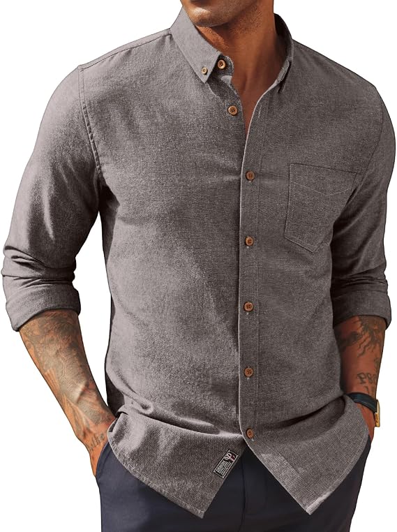 PJ PAUL JONES Mens Dress Shirts Linen Button Down Business Casual Shirts | Long Sleeve, Classic Fit, Cotton Linen, Untucked Shirts for Beach Summer Wedding,Spring Fall Winter, Lightweight with Pocket