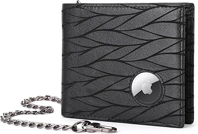 BULLCAPTAIN Slim Genuine Leather Mens Wallets with 2 ID Windows 10 Credit Card Slots Bifold RFID Blocking Wallets for Men With AirTag Holder and Chain T01 Black