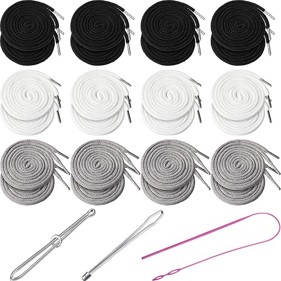 WILLBOND 24 Pcs Drawstring Cord 59 Inches Replacement Drawstrings with 3 Easy Threader Tool Draw Strings for Hoodies Shorts Sweatpants Jackets Pants Trunks Coats Gray, Black, White