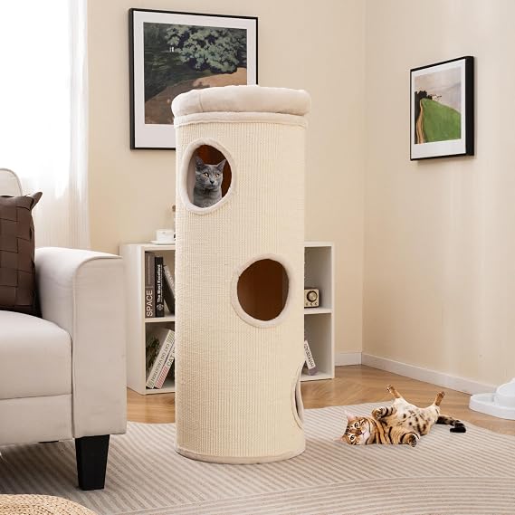 4-Story Cat Tree Condo, 49 Inch Multi-Level Barrel-Shaped Cat House with Sisal Scratching Pad, 3 Hideaways, Removable Soft Top Plush Bed, Ideal for Indoor Cats