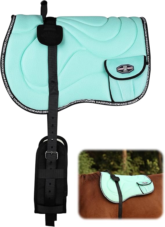 Harrison Howard Bareback Horse Riding Pad Breathable Mesh Cushioned No-Saddle Pad with Girth for Trail Training