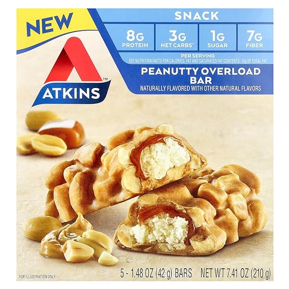 Atkins Snack, Peanutty Overload Bar, 5 Bars, 1.48 oz (42 g) Each