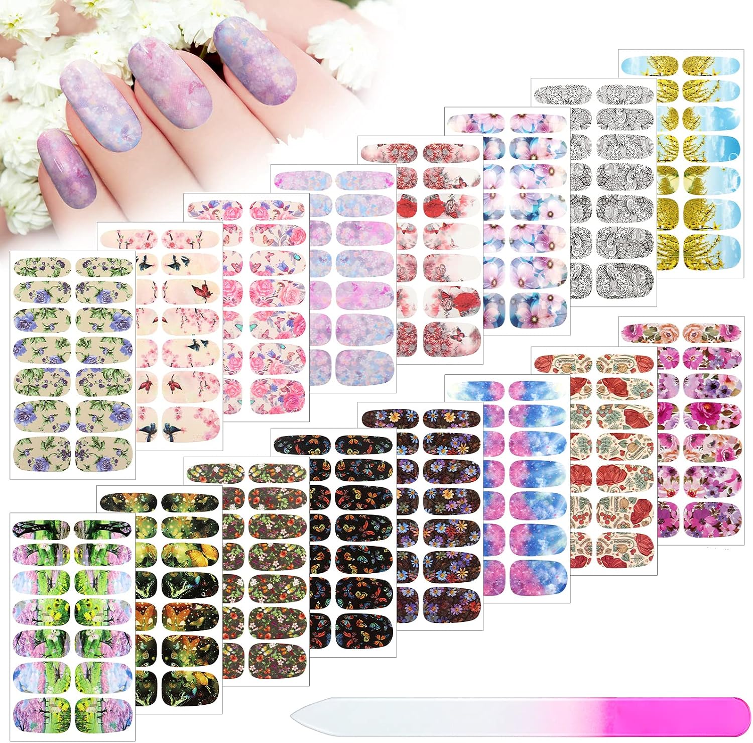224 Pieces 16 Sheets Flower Full Wrap Nail Polish Stickers Self Adhesive Nail Wraps Nail Decals Nail Polish Sticker Butterfly Flower Nail Decals for Women Nail Decoration