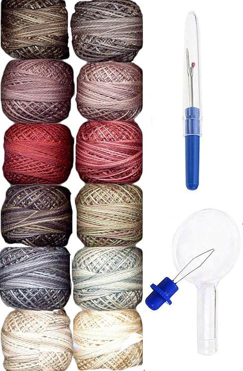 Valdani Embroidery Thread Perle Cotton Size 12 Hand-Dyed PC12-FolkArt2 | Folk Art Fusion Collection 2, 12 Ballss, with Seam Ripper and Needle Threader