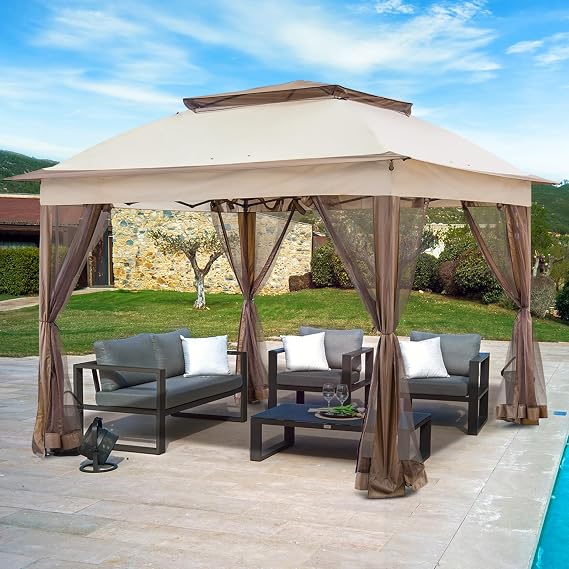 11x11 Pop Up Gazebo, Instant Outdoor Canopy Tent, Beige | Easy Setup Heavy Duty Screened Gazebo for Backyard Patio Furniture & Parties, Extended Eaves, Pop Up Tent with Carry Bag