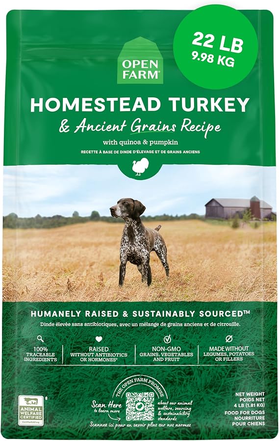Open Farm Ancient Grains Dry Dog Food, Homestead Turkey Kibble, 22lb Bag | All Life Stages, All Breed Sizes, Protein-Rich & Nutrient Dense, 100% Traceable Ingredients, Non-GMO Fruits & Veggies.