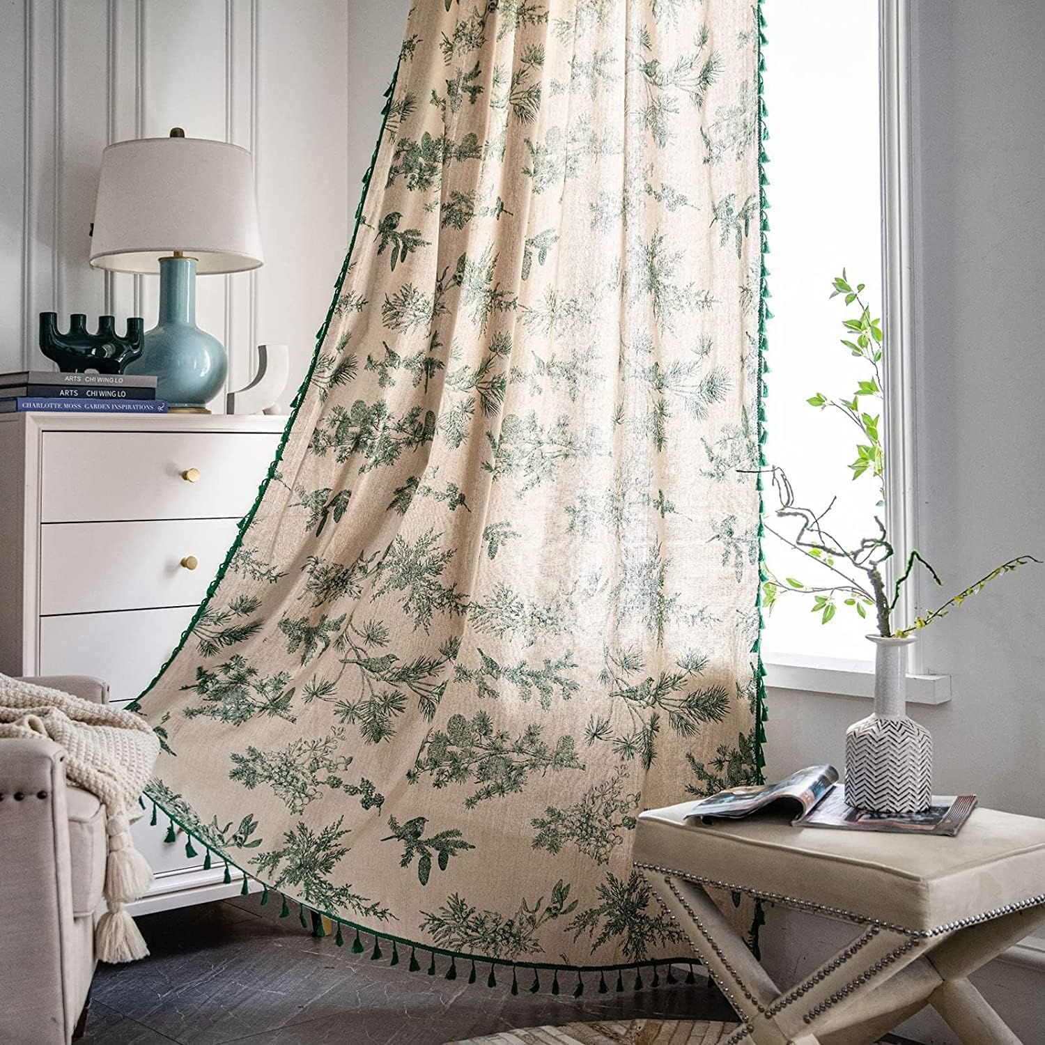 1 Panels Transparent Bohemian Veil Curtain With Beige Cotton Linen Green Plants Blind Curtain Interior Decoration(Size:150xH180cm(59x71inch),Color:Grommets)