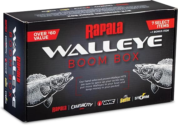 Rapala Walleye Boom Box, Walleye Fishing Kit, 7 Curated Baits,1 Bonus