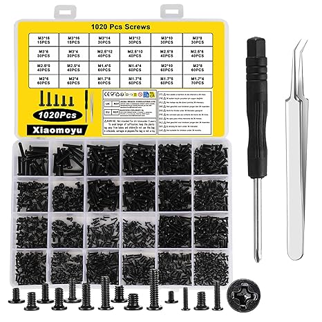 1020 Pcs Laptop Screws Set, M1.4 M1.7 M2 M2.5 M3 Small Flat Head Screws | For Repair Universal Notebook PC Computer Electronic Screwss, Assorted Screw Assortment, with Screwdriver, Tweezers