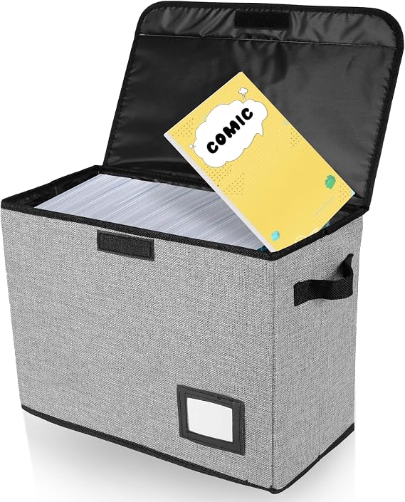 Comic Book Storage Box,Collapsible Short Comic Book Bin with Handle & Lid,15.74x7.87x11.8 inch Washable Integrated Heavy Duty Comic Book Organizer for Wardrobe, Closet, Shelf, Office(Gray)