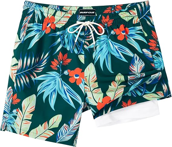 SURF CUZ Mens Swim Trunks with Compression Liner Swim Shorts 7" Swimming Trunks Stretch 7 Inch Swim Suits Quick Dry