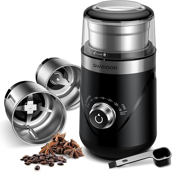 SHARDOR Coffee & Spice Grinder Electric with 2 Removable Stainless Steel Cups, Timed Grind Control Rotary Knob,Adjustable Coarse to Fine for Coffee Beans, Wet & Dry Spice,70g,Black