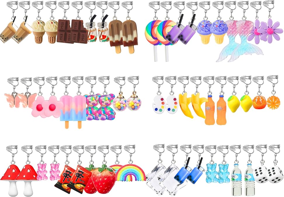 GIFIKOI 30-40 Pairs Clip On Earrings Cute Weird Funny Earring for Women Kawaii Aesthetic Non Pierced Fun Dangle Drop Earring Set...