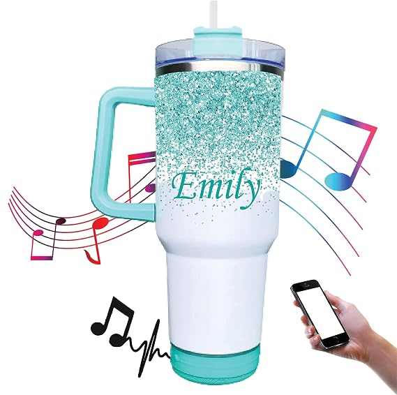40oz Music Speaker Tumbler | Personalized Gifts | 40 oz Cup with handle and straw | Custom Tumblers | Bluetooth Cups | Travel Essentials | Bridesmaid Gift |