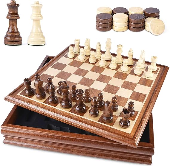 VAMSLOVE Chess and Checkers Board Game Sets for Adults Wooden Deluxe 15 inch Wood Board Box with Storage, Classic 2 in 1 Large Size with Chess Pieces - 3 King Height - 2 Extra Queens