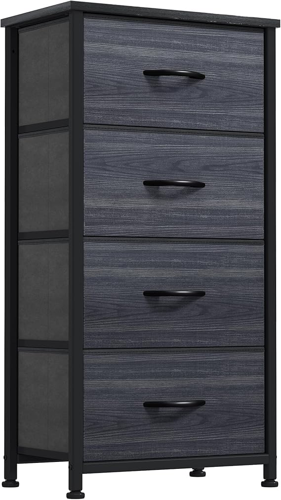 DWVO 4 Drawers Dresser, Dresser for Bedroom, Fabric Storage Tower, Chest of Drawers, Organizer Unit for Closets, Living Room, Sturdy Steel Frame, Wooden Top, Easy Pull Fabric Bins