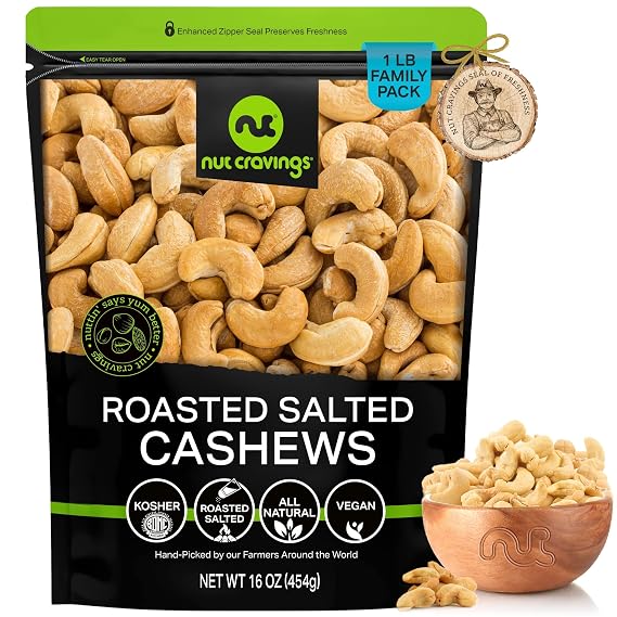 NUT CRAVINGS - Roasted Cashews Slightly Salted - Jumbo, Whole (16oz - 1 LB) Packed Fresh in Resealable Bag - Nut Snack - Food Assortments