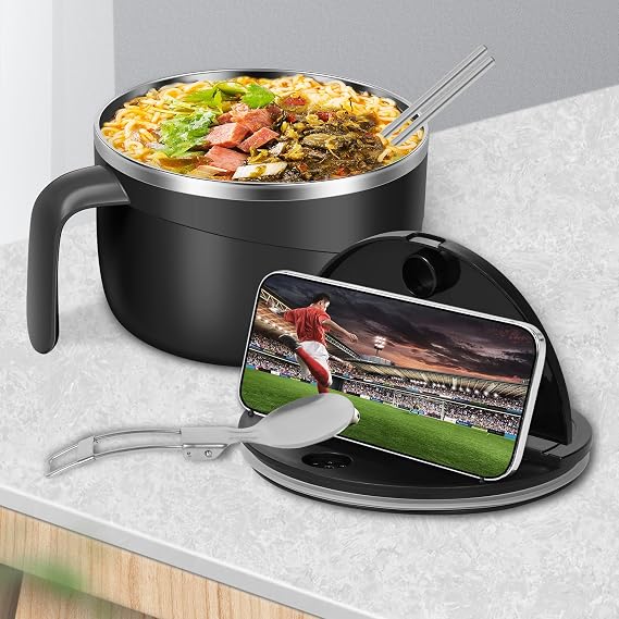 1200ml Rapid Ramen Bowl with Filterable Lid,Portable Ramen Cooker Bowls with Phone Holder and Handle,Stainless Steel Noodle Bowl with Spork Chopsticks for Dorm Office (Black)